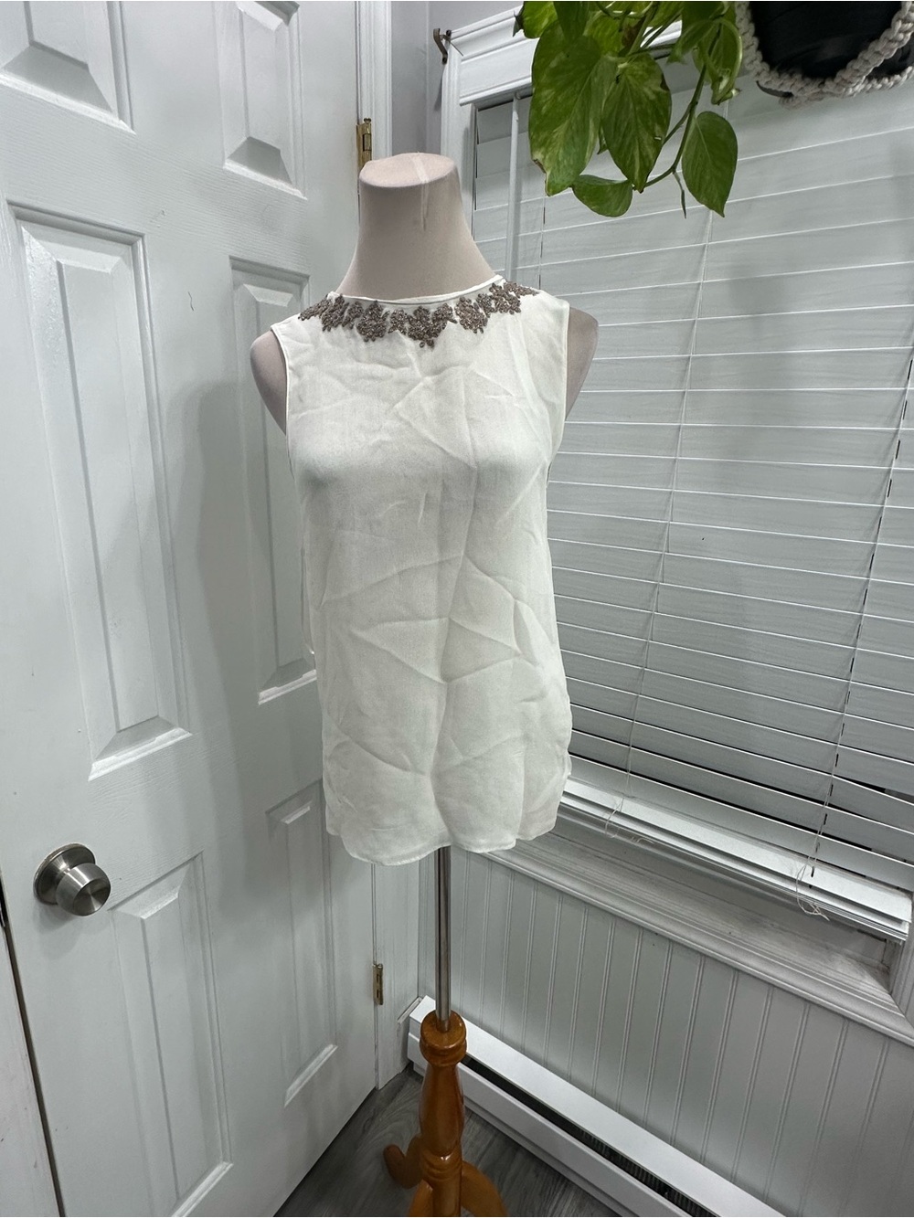 Zara White Sleeveless Camisole with Silver Beaded Neckline